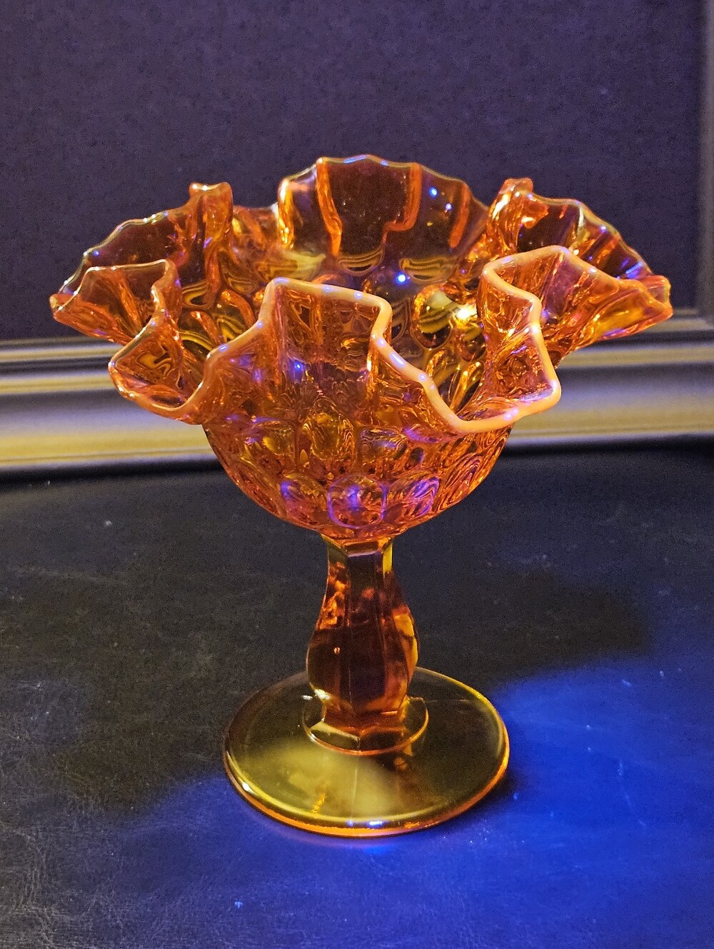 Vintage Fenton Amberina Thumb Print Glass Footed Compote Bowl Dish
